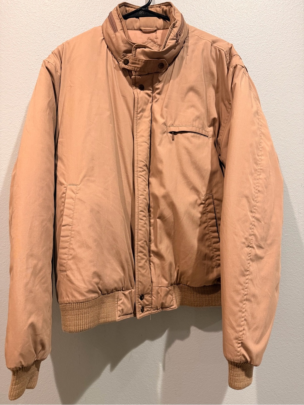 Vintage Men's Tan Bomber Thick Jacket Stand Collar Concealed Hood Pockets XL